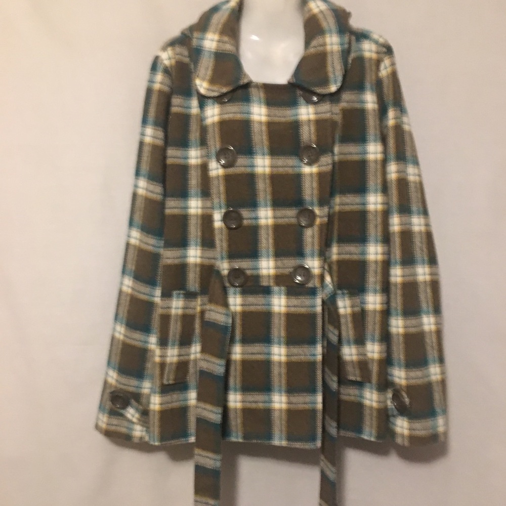 Maurices Plaid Double-Breasted Peacoat in Brown, Teal & Cream